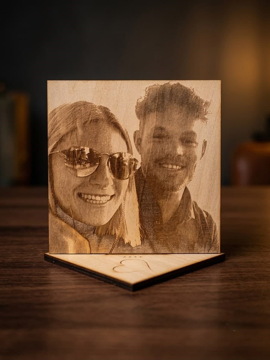 Kleines Holzbild mit Fotogravur und gelasertem Ständer