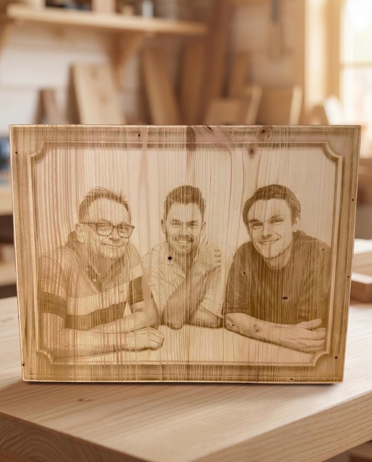 In Holz graviertes Familienfoto – Gesichter fein abgestuft